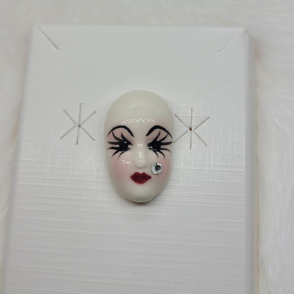 Vintage Fancy Faces Brooch Pin Handpainted Porcelain Maskwith Rhinestone